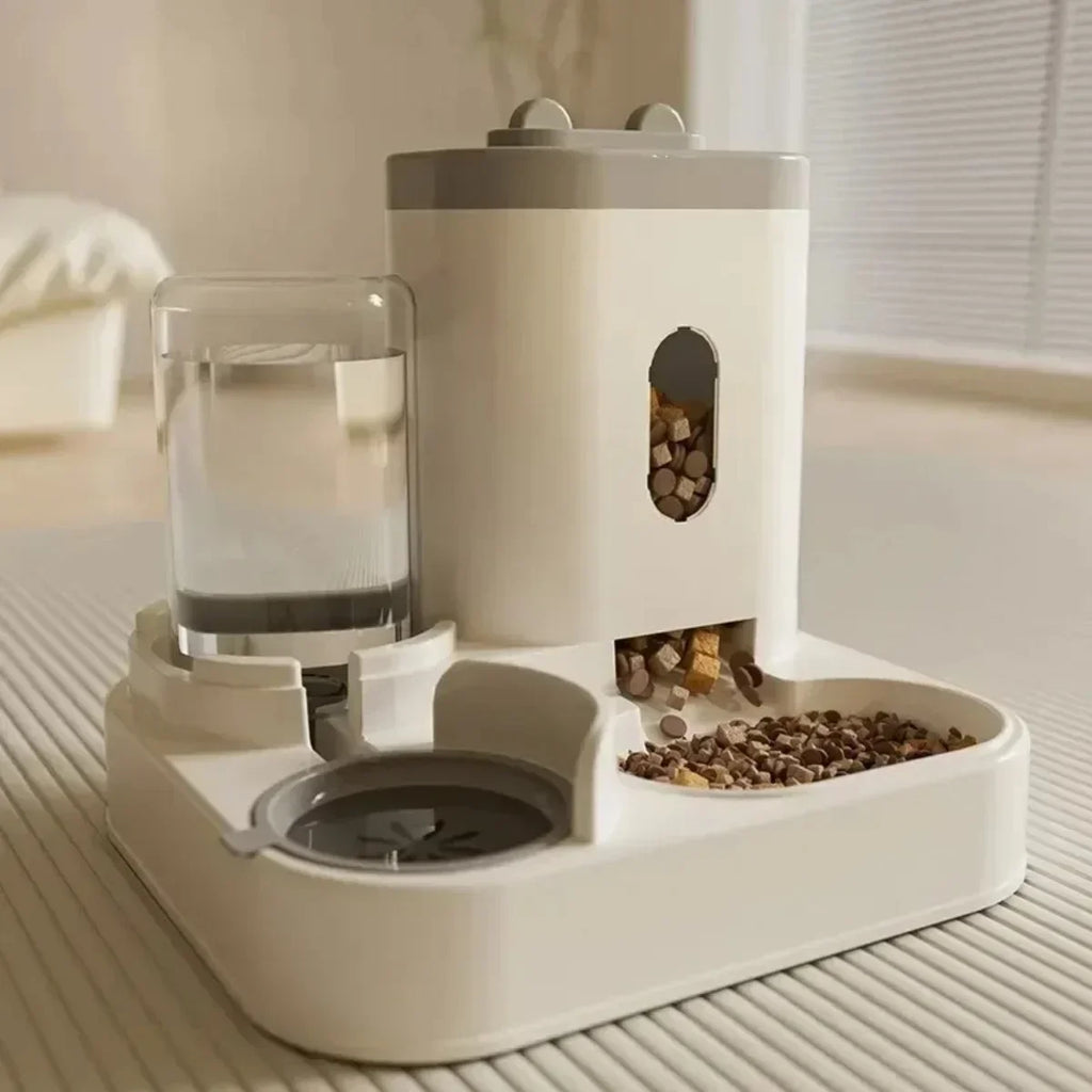 Gamelle distributrice surélevée pour chat et chien — double compartiment eau + croquettes