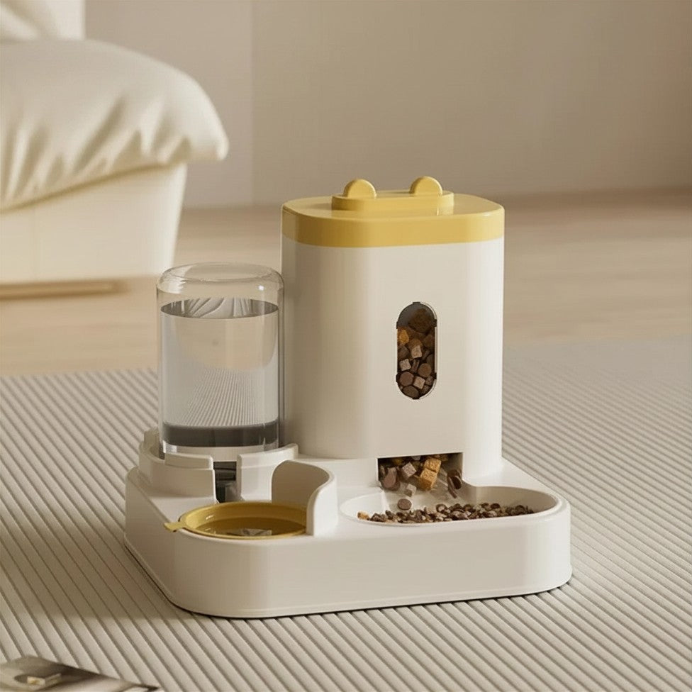 Gamelle distributrice surélevée pour chat et chien — double compartiment eau + croquettes