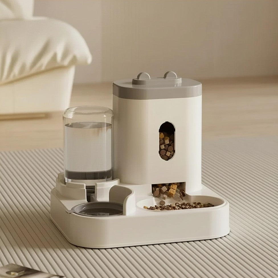 Gamelle distributrice surélevée pour chat et chien — double compartiment eau + croquettes