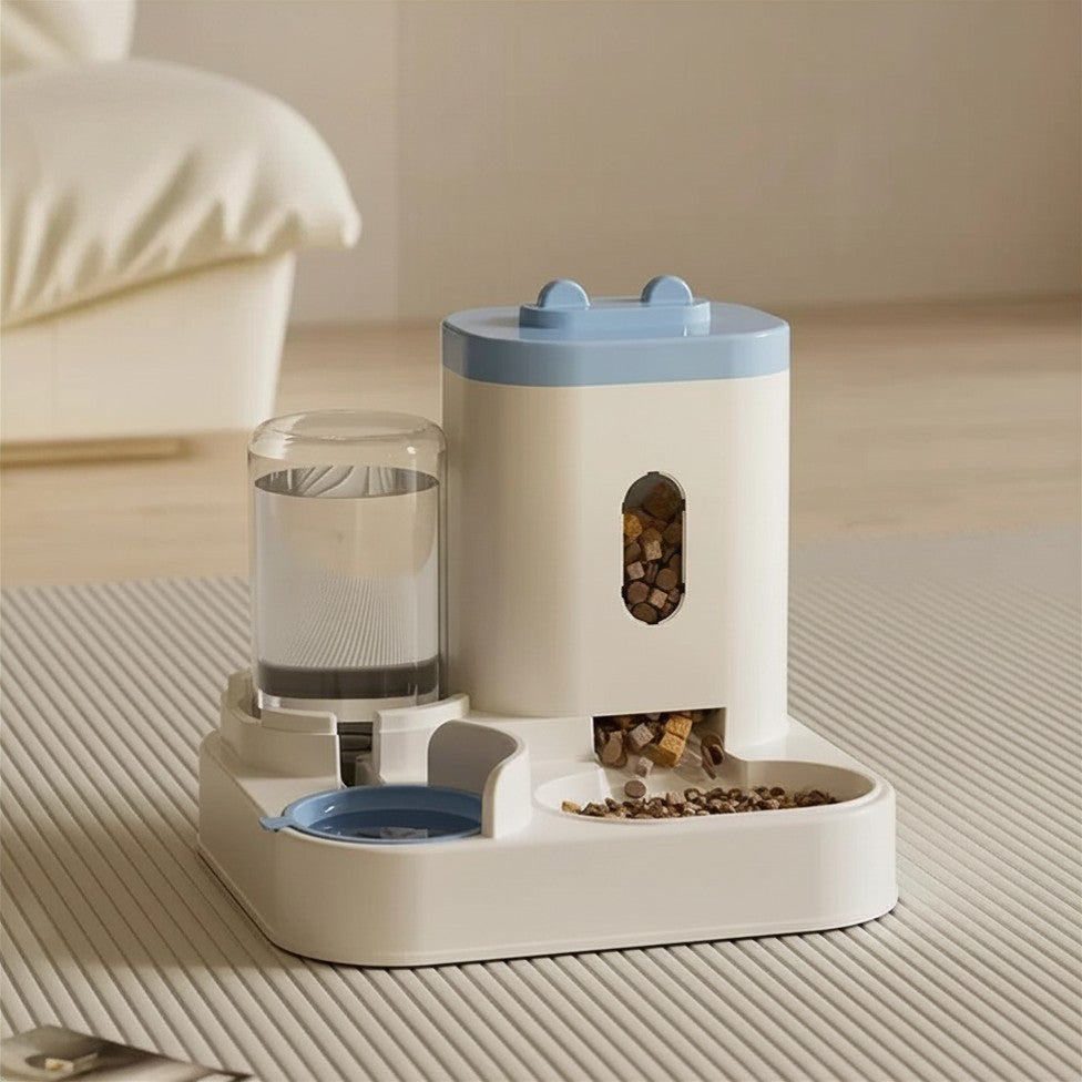Gamelle distributrice surélevée pour chat et chien — double compartiment eau + croquettes