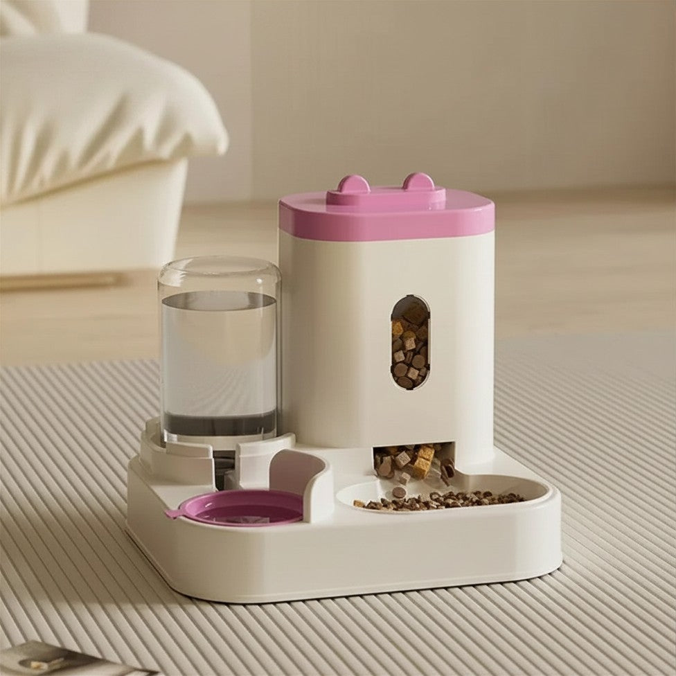 Gamelle distributrice surélevée pour chat et chien — double compartiment eau + croquettes